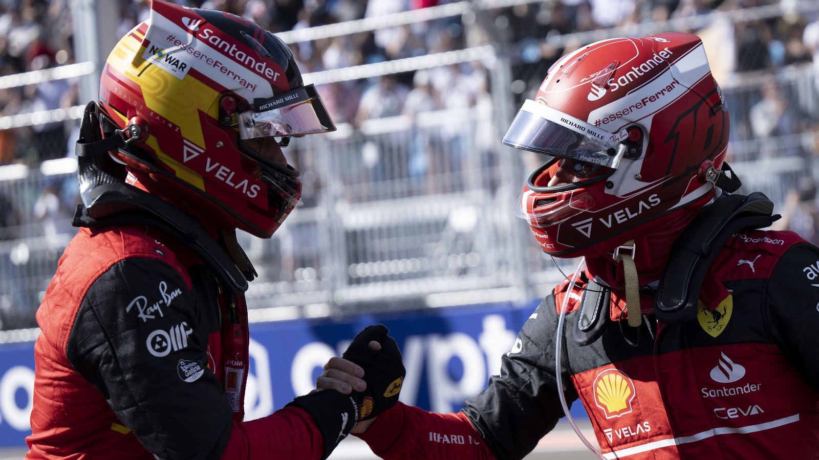 Carlos Sainz shaking hands with Charles Leclerc. Miami, May 2022.
