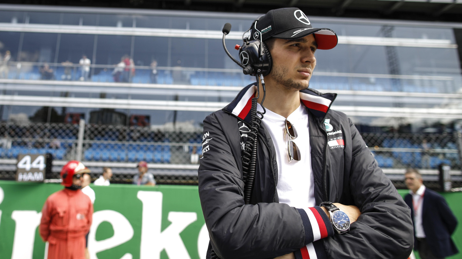 Esteban Ocon watches on while standing on the grid as Mercedes reserve driver at the 2019 Italian Grand Prix. Monza, September 2019