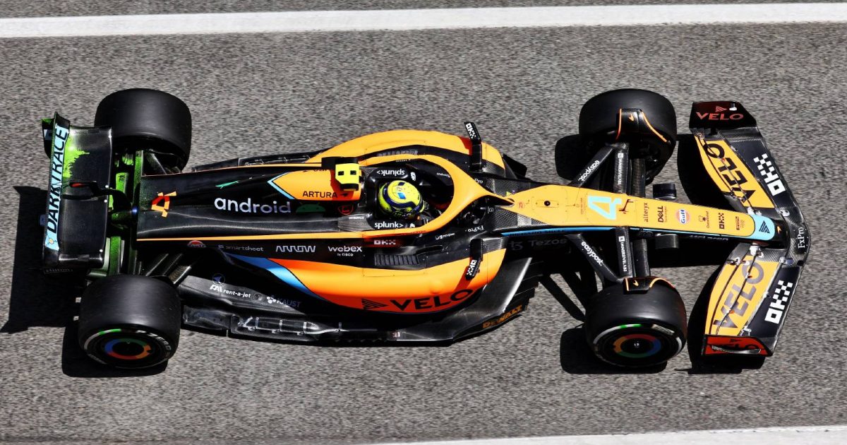 Lando Norris heads out for FP1 at the Spanish GP in his McLaren. Barcelona May 2022.