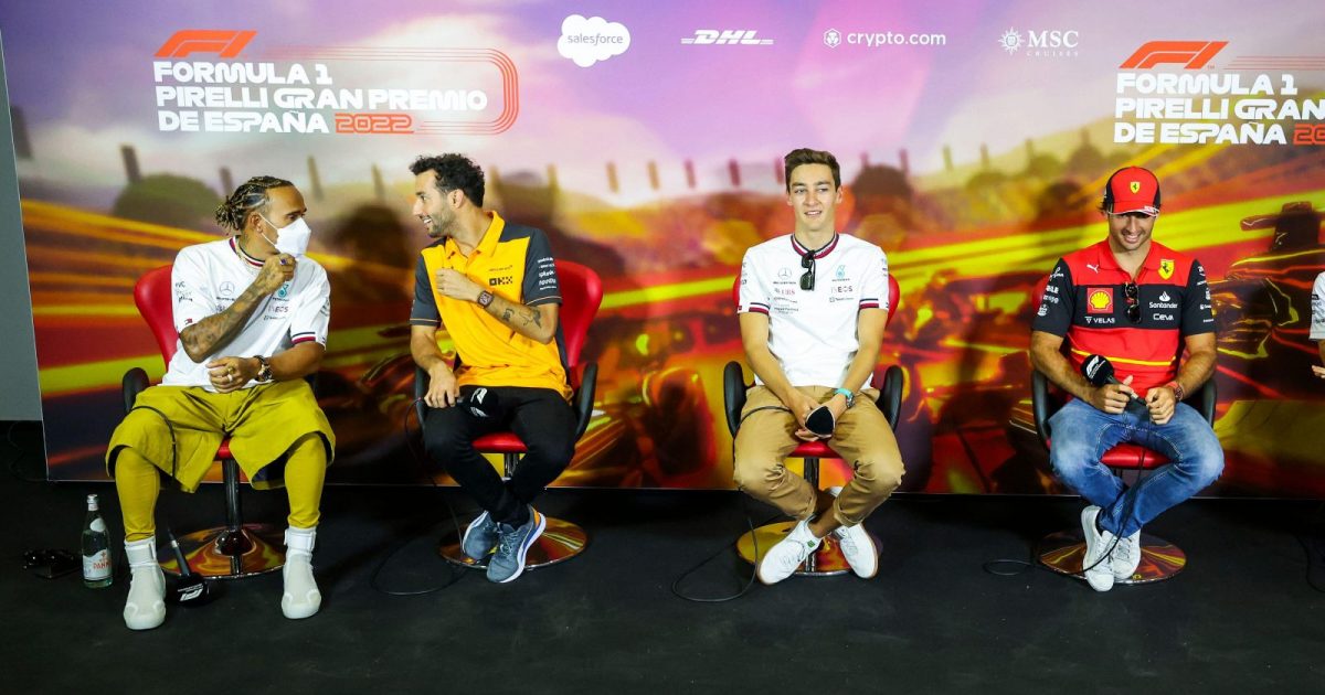 Lewis Hamilton, Daniel Ricciardo, George Russell and Carlos Sainz during a press conference. Barcelona, May 2022.