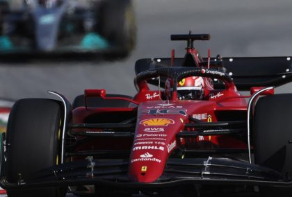 Charles Leclerc, Ferrari, ahead of George Russell, Mercedes. Spain, May 2022.