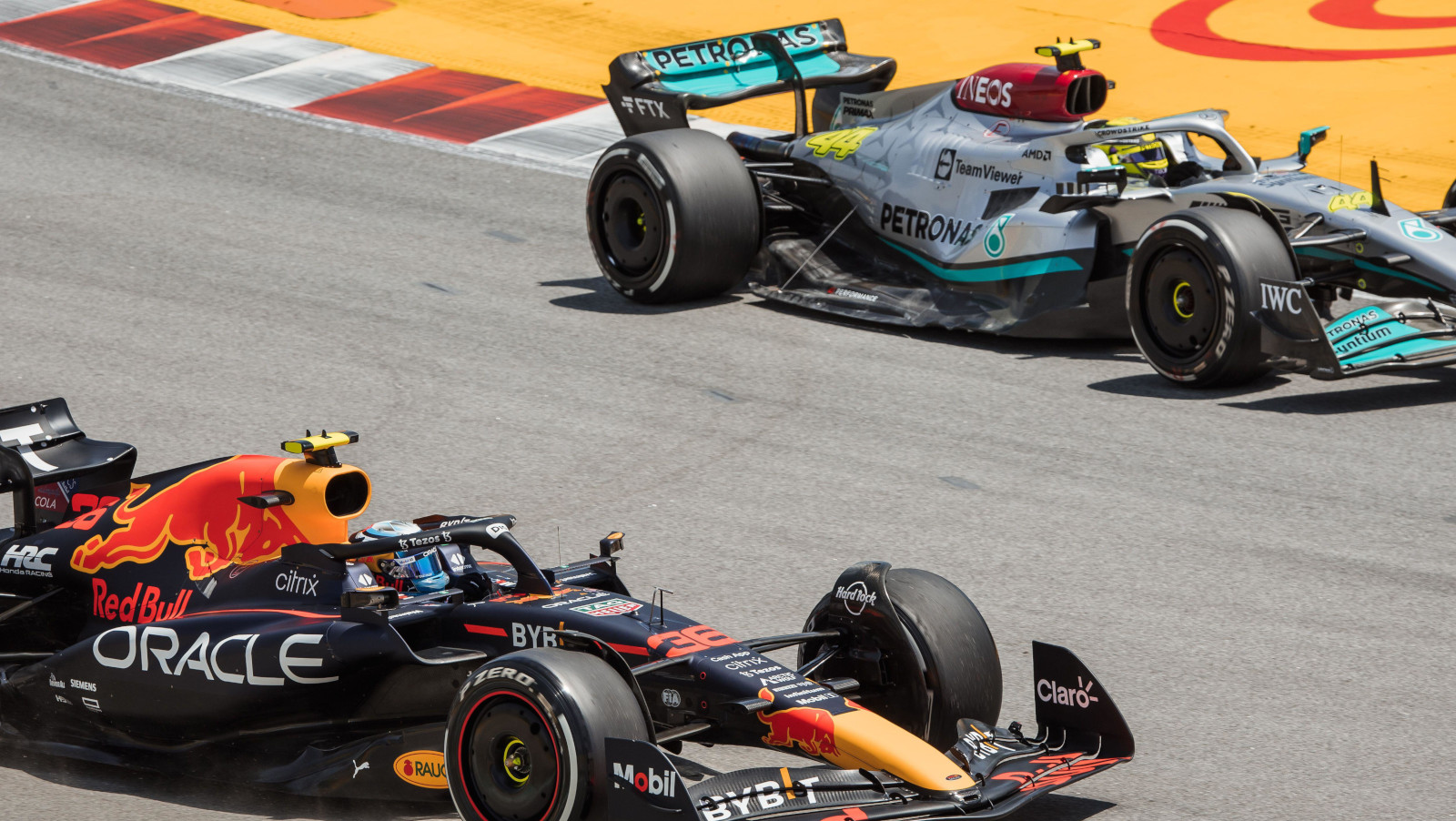 Lewis Hamilton on track with Juri Vips. Spain May 2022