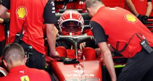 Charles Leclerc sitting in his Ferrari. Barcelona May 2022.