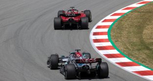 George Russell chases Charles Leclerc. Spanish GP Barcelona May 2022
