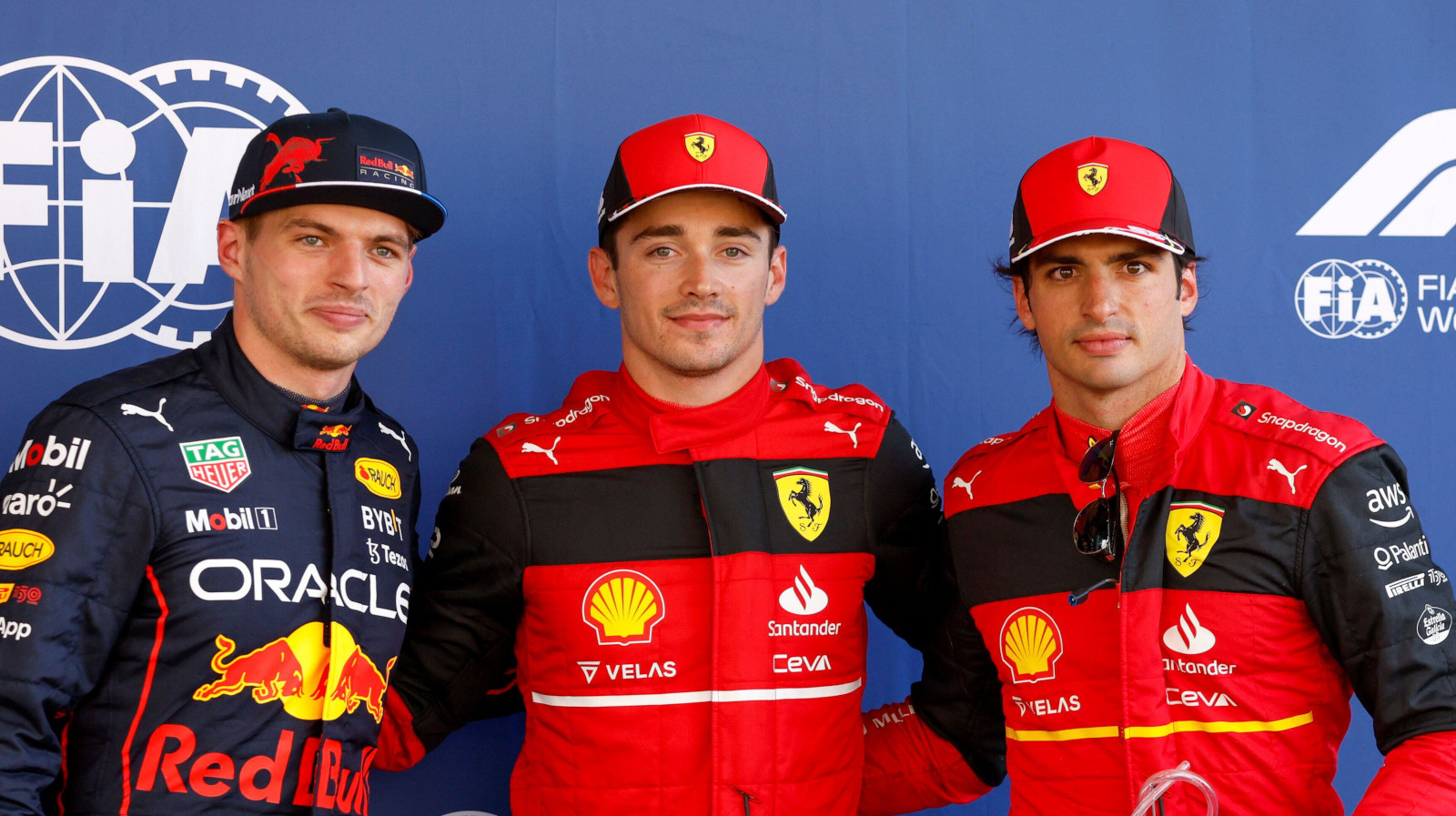 Max Verstappen Charles Leclerc Carlos Sainz top three. Spain May 2022