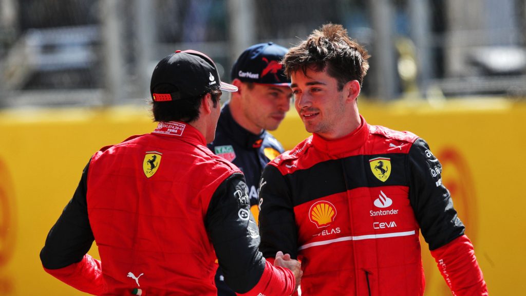 Charles Leclerc and Carlos Sainz shake hands after qualifying. Spain May 2022