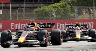 Max Verstappen leads Sergio Perez. Barcelona May 2022.