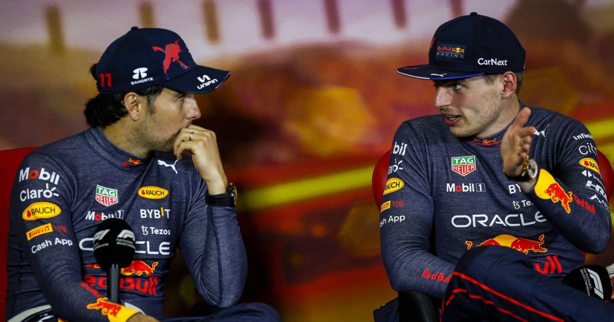 Max Verstappen speaking to Sergio Perez. Barcelona, May 2022.