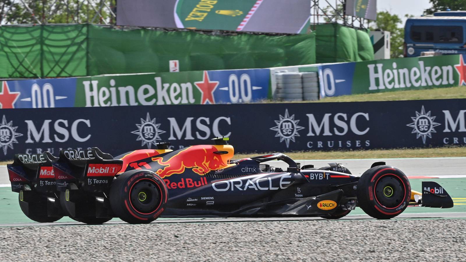 Max Verstappen and Sergio Perez, Red Bull, side-by-side. Spain, May 2022.
