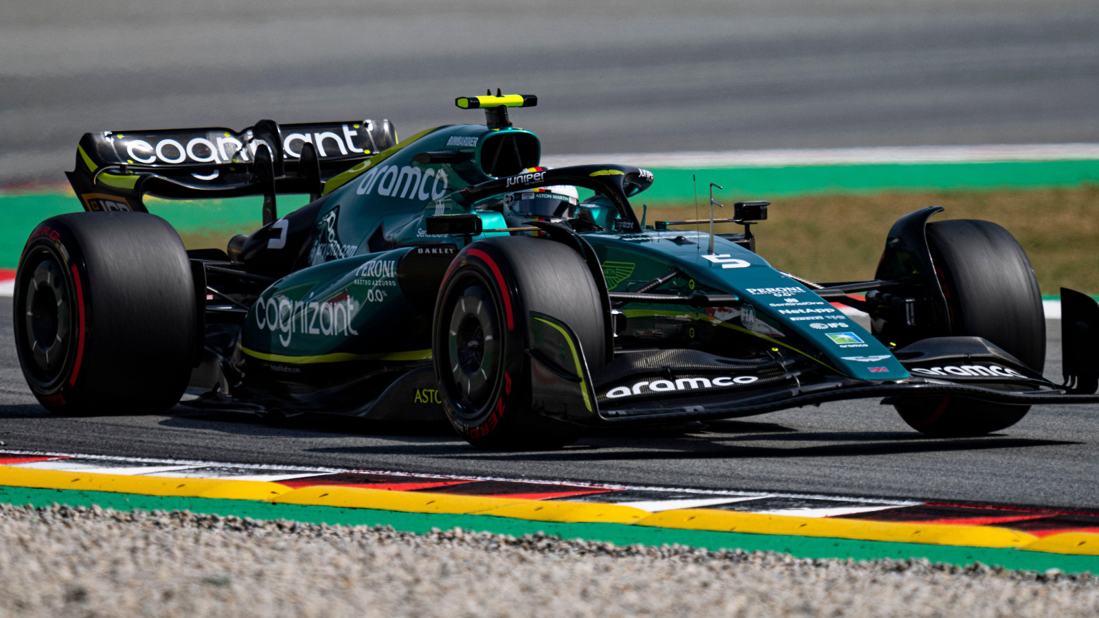 Aston Martin car in action at Barcelona. May Spain 2022