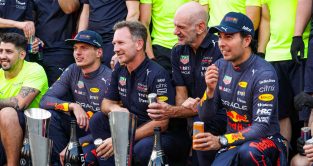 Max Verstappen, Christian Horner, Adrian Newey and Sergio Perez celebrating a race win. Barcelona, May 2022.