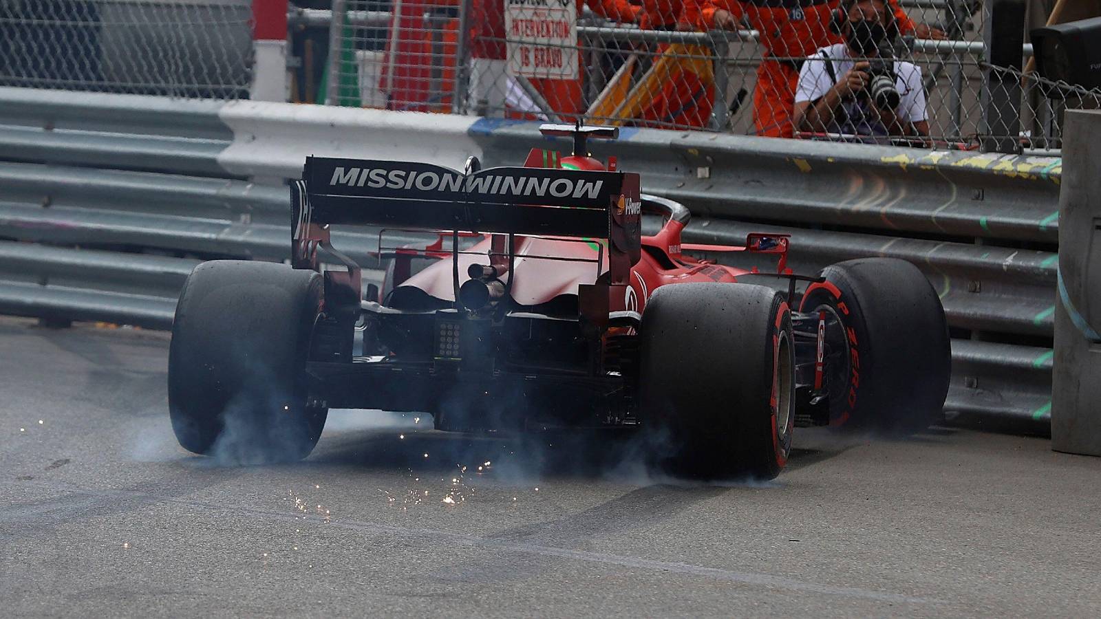 Charles Leclerc puts his Ferrari into the barriers. Monaco, May 2021.