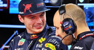 Max Verstappen smiling with his race engineer Gianpiero Lambiase. Miami May 2022