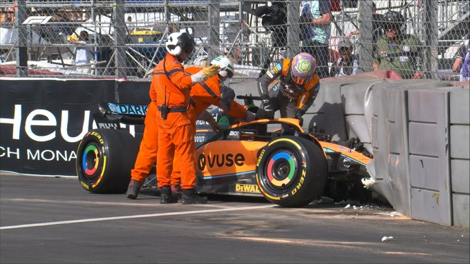 McLaren's Daniel Ricciardo crashes during practice for the Monaco Grand Prix. Monte Carlo, May 2022.