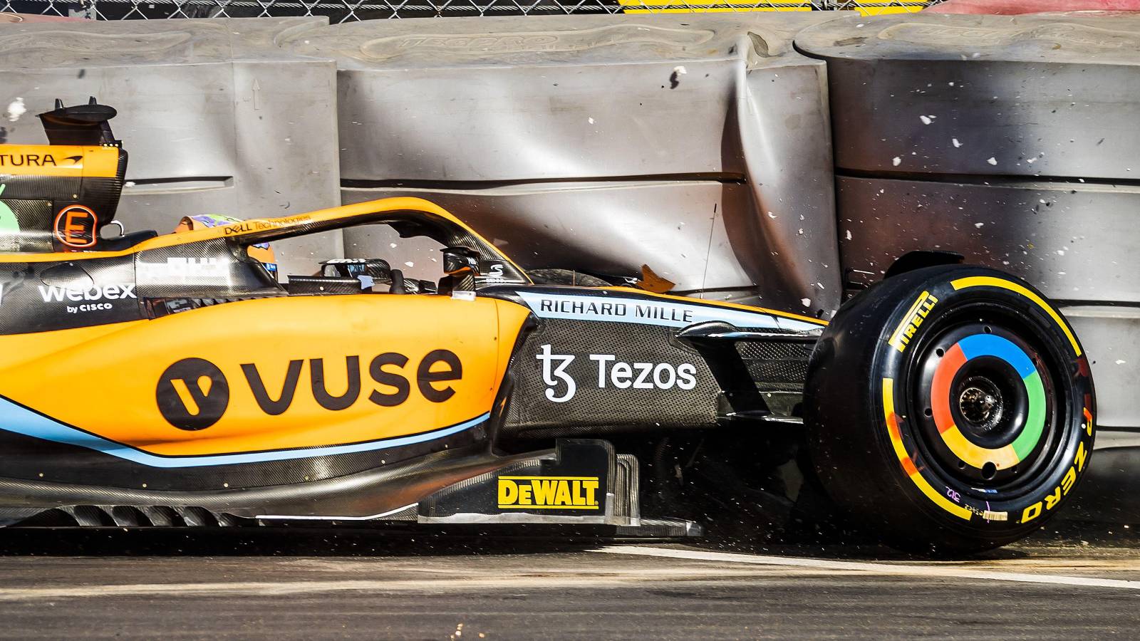 Daniel Ricciardo, McLaren, crashes in practice. Monaco, May 2022.