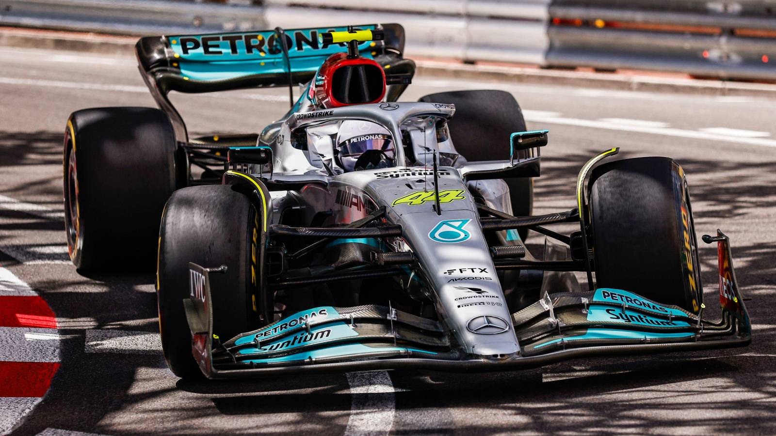 Lewis Hamilton, Mercedes, in practice action. Monaco, May 2022.