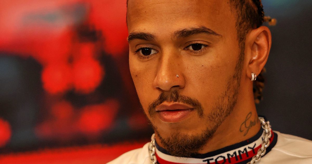 Lewis Hamilton looking serious in the press conference. Monaco May 2022