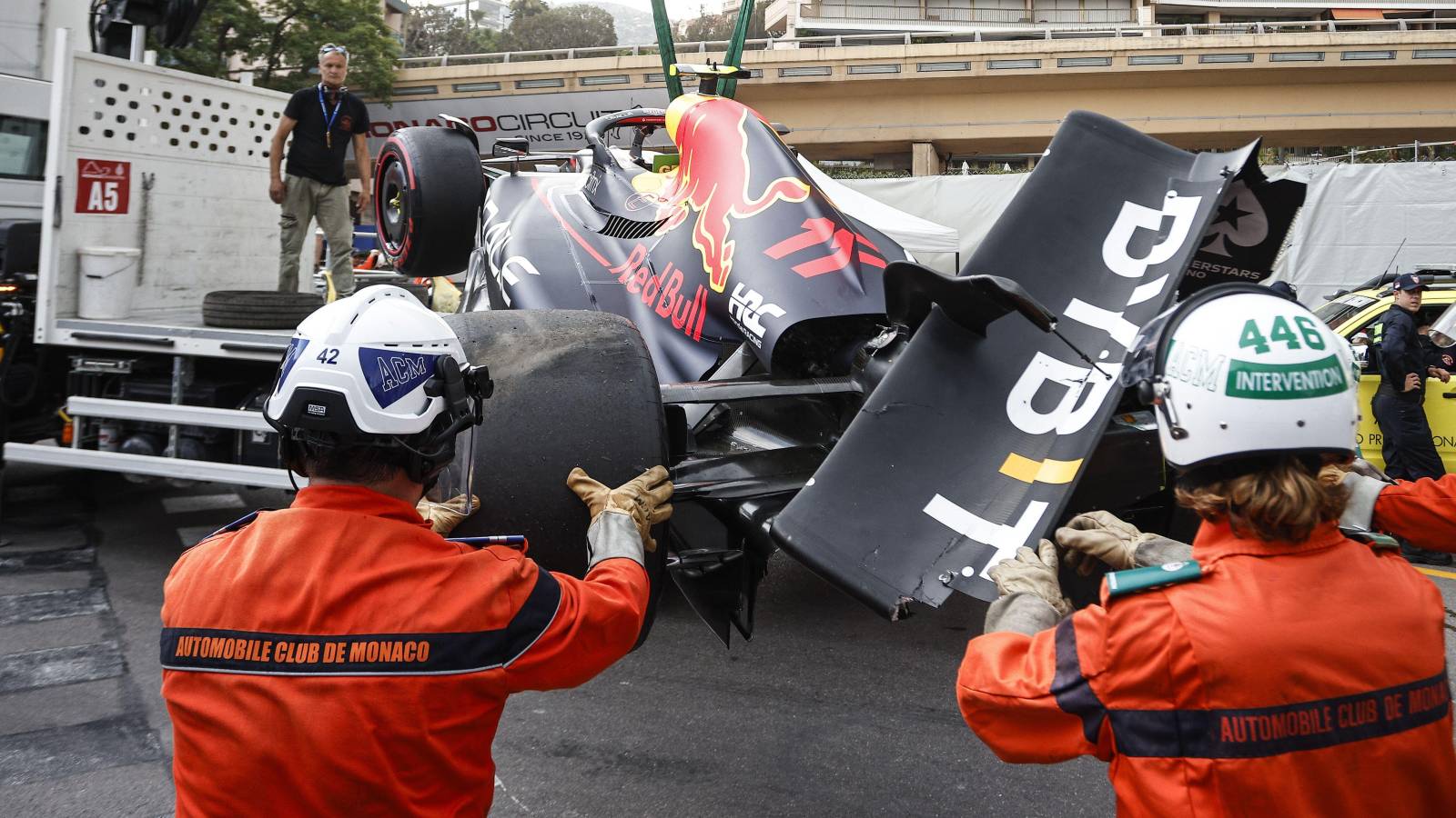 The broken Red Bull driven by Sergio Perez removed. Monaco, May 2022.