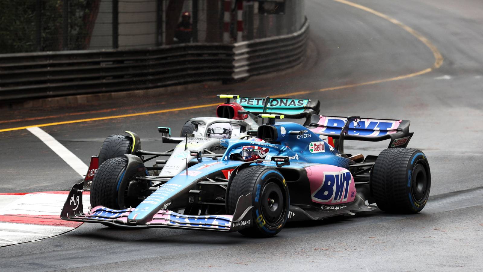 Esteban Ocon and Lewis Hamilton collide in the Monaco GP. Monte Carlo May 2022.