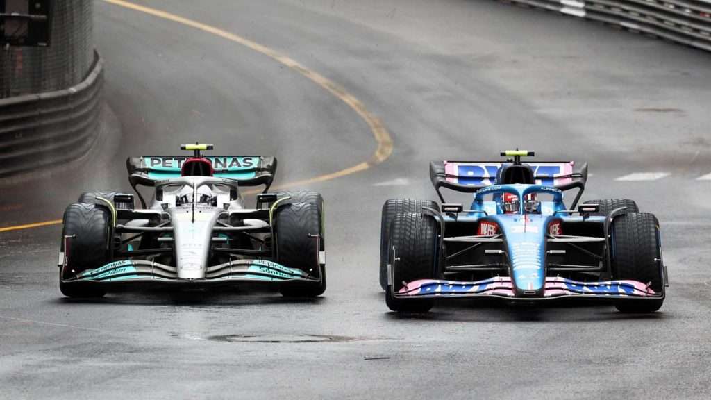 Lewis Hamilton side by side with Esteban Ocon. Monaco May 2022.