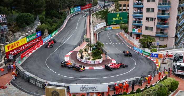 Red Bull and Ferrari on track during the Monaco Grand Prix. Monte Carlo, F1 tracks May 2022.