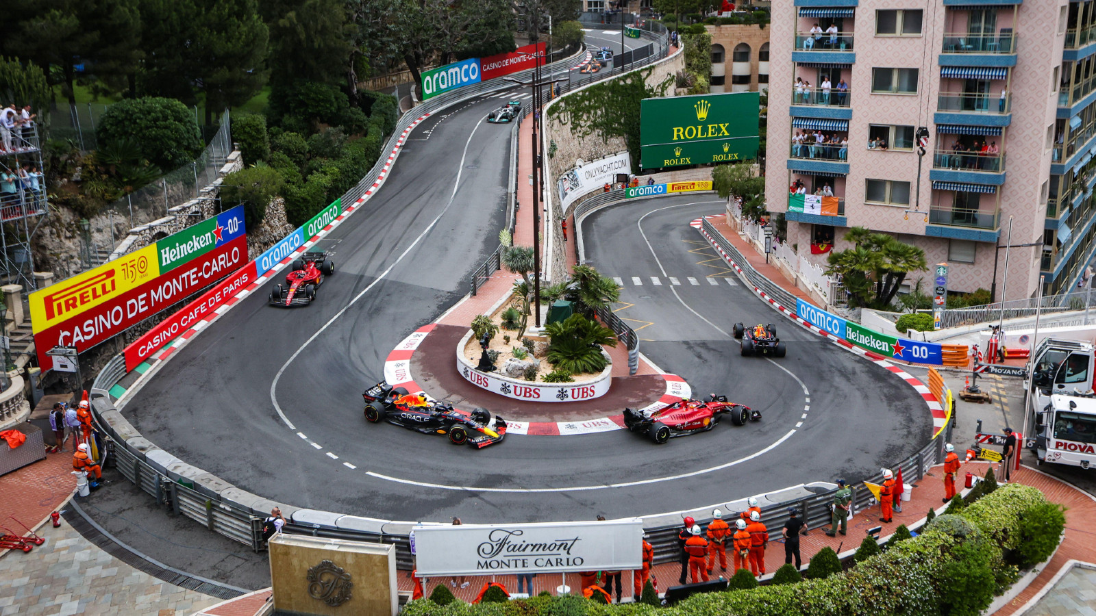 Red Bull and Ferrari on track during the Monaco Grand Prix. Monte Carlo, F1 tracks May 2022.