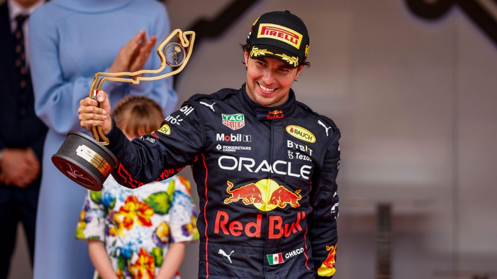 Red Bull's Sergio Perez celebrates victory at the Monaco Grand Prix. Monte Carlo, May 2022.