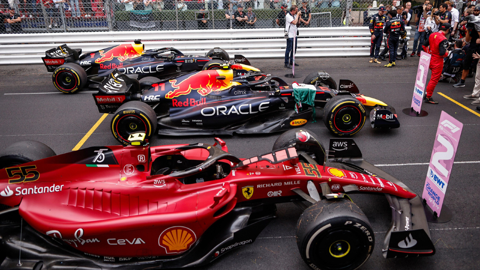 Ferrari and Red Bull cars parked in parc ferme after the Monaco Grand Prix. Monte Carlo, May 2022.