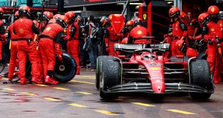 Ferrari driver Charles Leclerc swaps full wet tyres for intermediates. Monaco May 2022