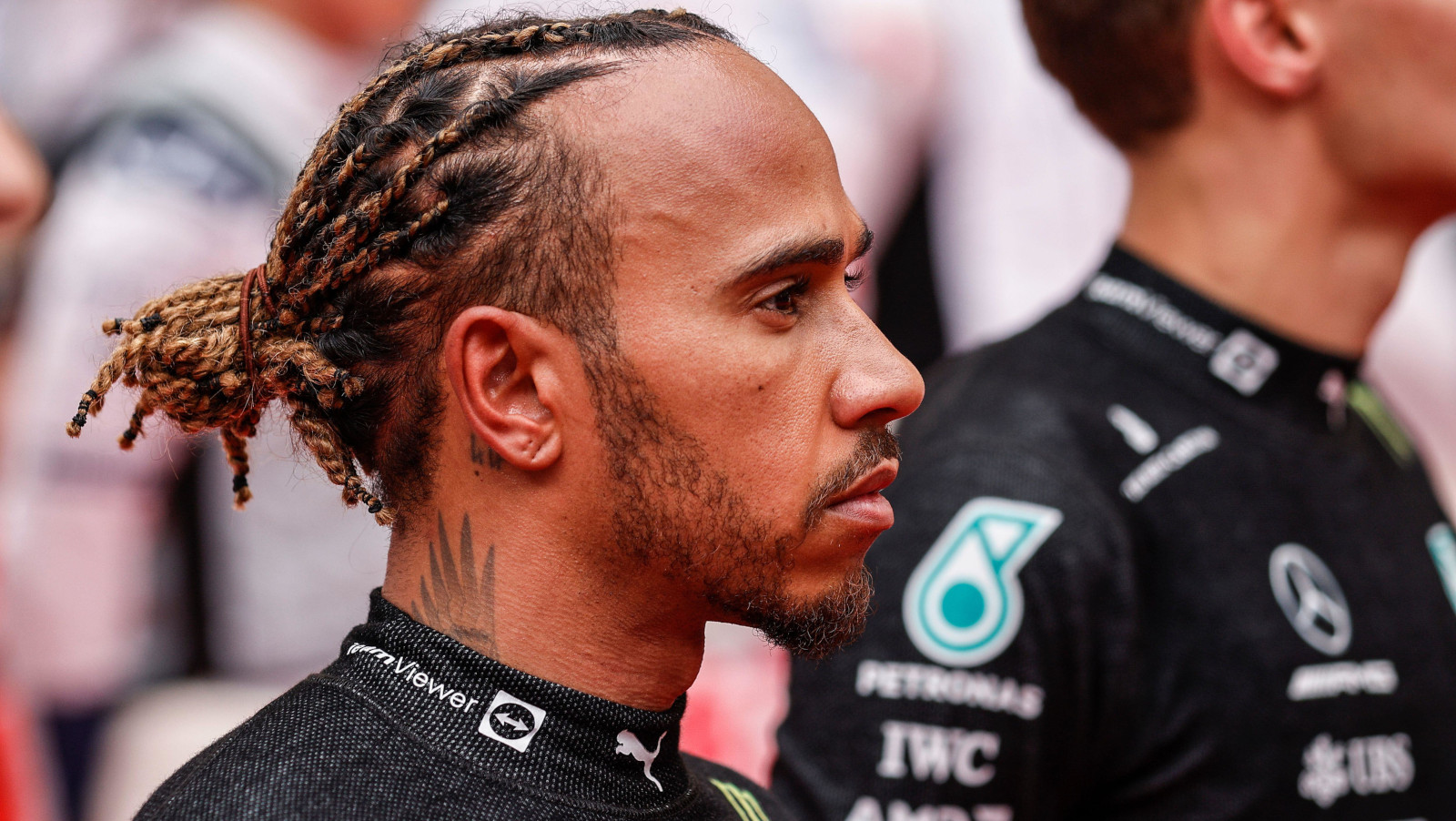 Lewis Hamilton on the grid for the national anthem, serious. Monaco May 2022