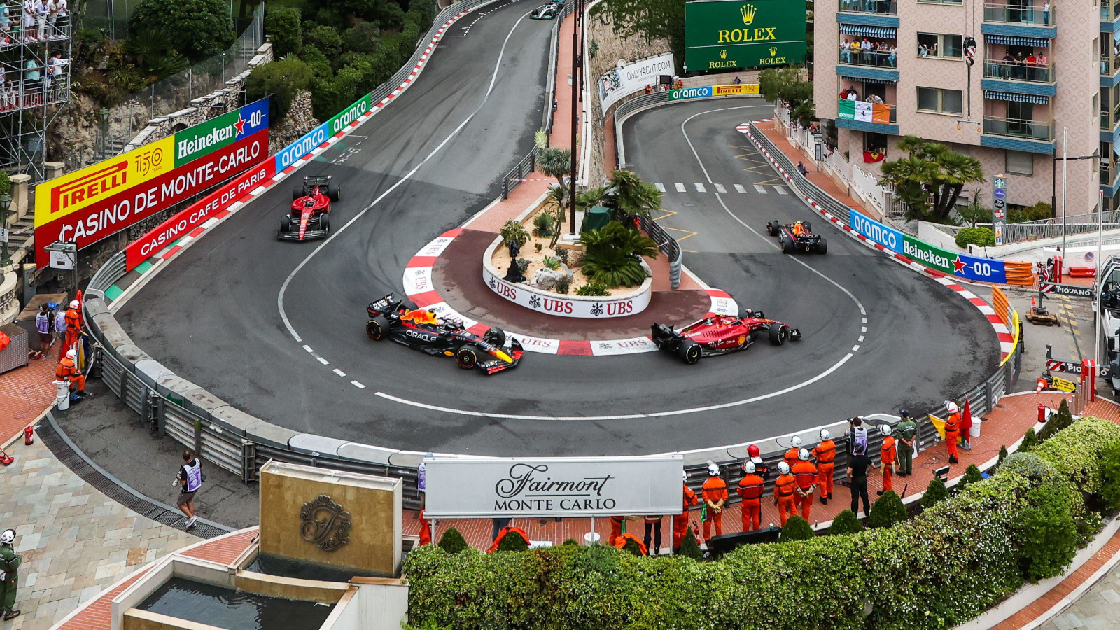 Sergio Perez leads Carlos Sainz Max Verstappen Charles Leclerc. Monaco May 2022