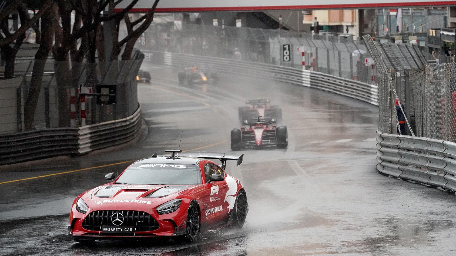 The Mercedes Safety Car leads the field at the Monaco Grand Prix. Monte Carlo, May 2022.