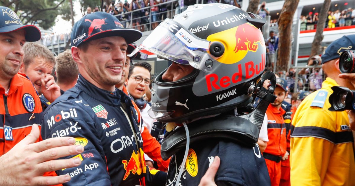 Max Verstappen congratulates Sergio Perez for the win. Monaco May 2022