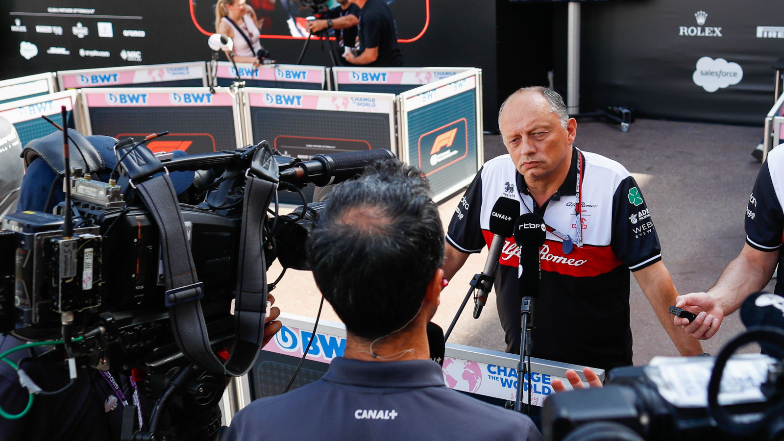 Fred Vasseur does a television interview. Monaco May 2022