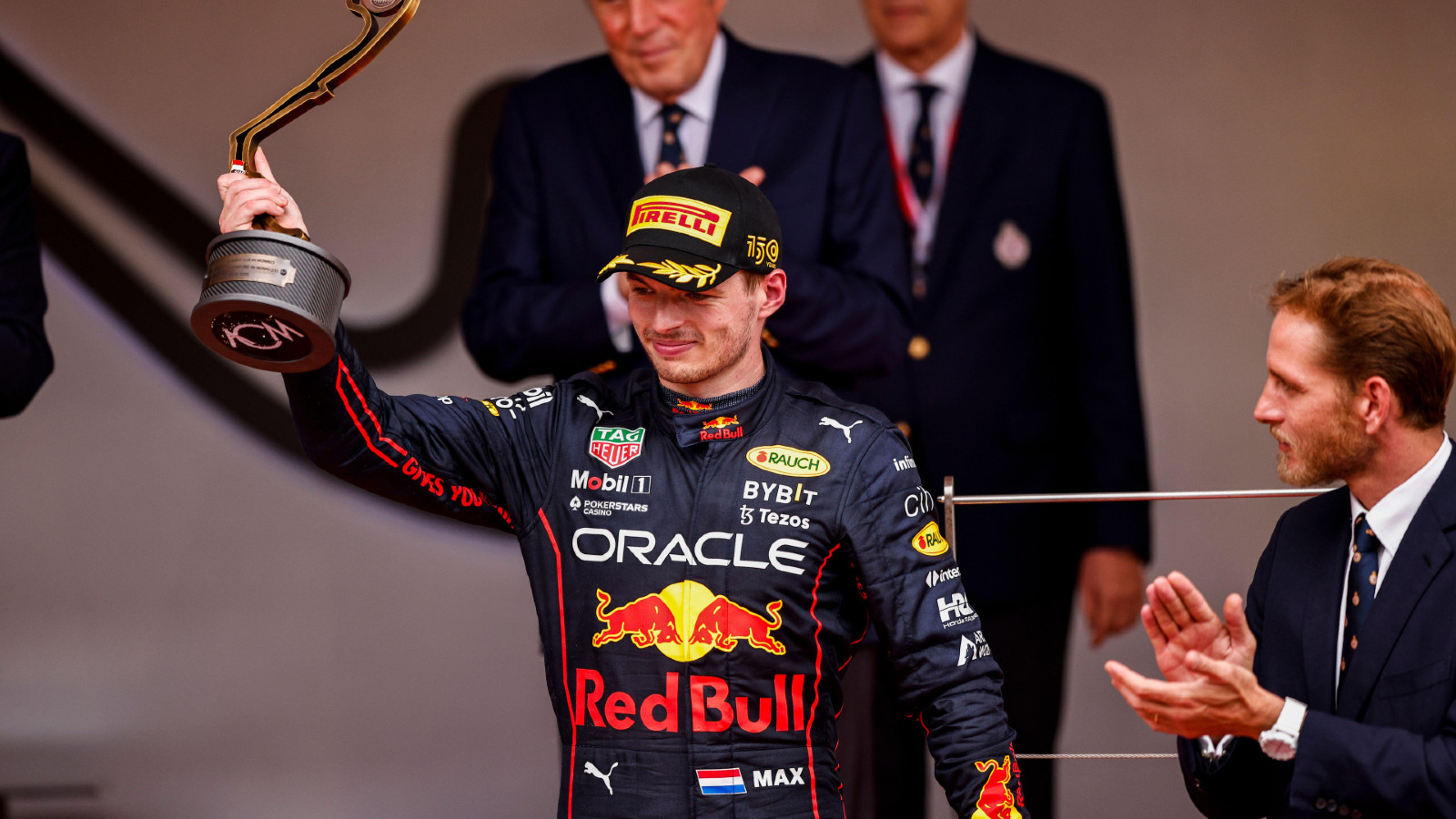 Red Bull's Max Verstappen on the podium at the Monaco Grand Prix. Monte Carlo, May 2022.