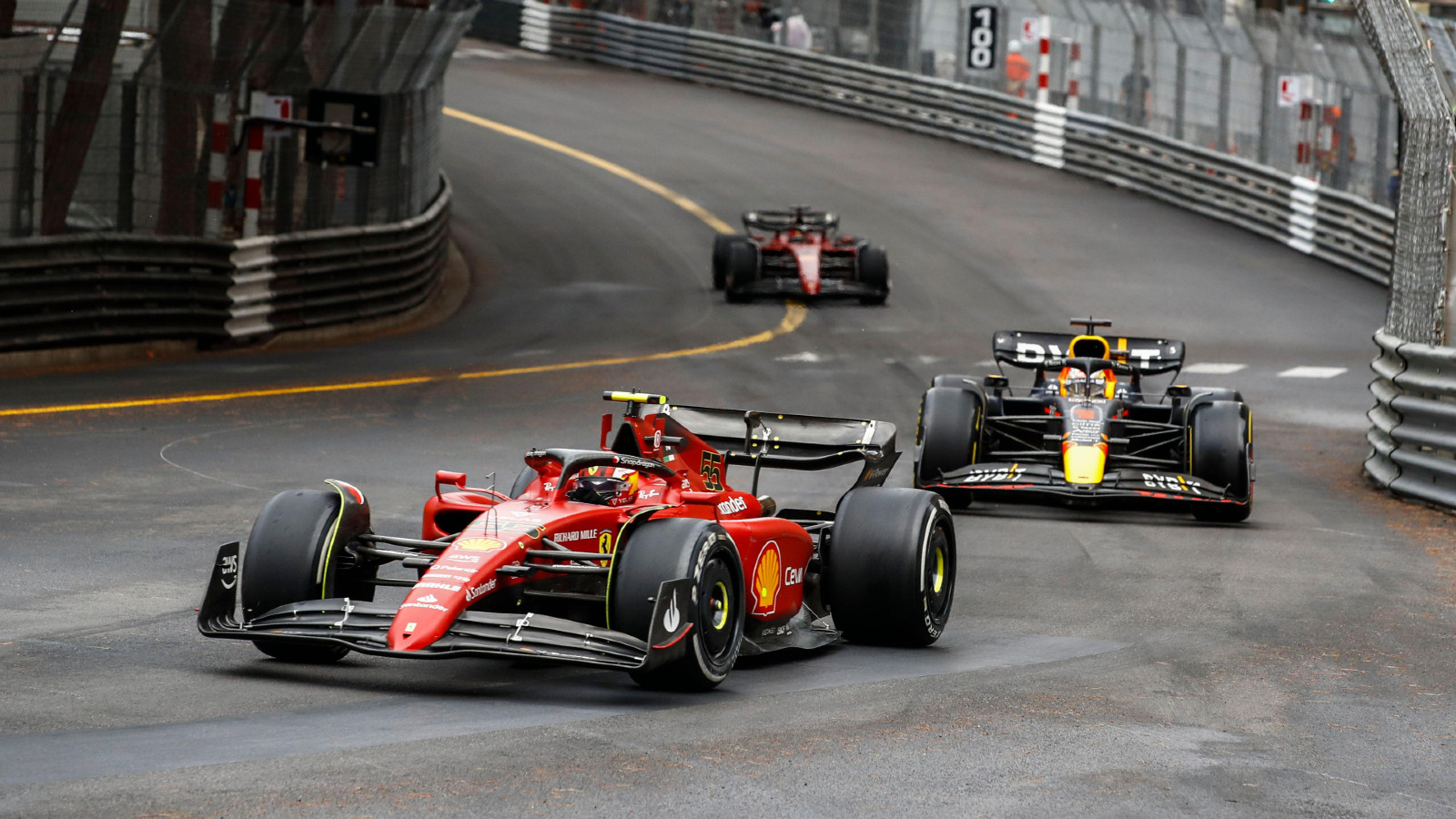 Ferrari's Carlos Sainz leads Red Bull's Max Verstappen during the Monaco Grand Prix. FIA Monte Carlo, May 2022.