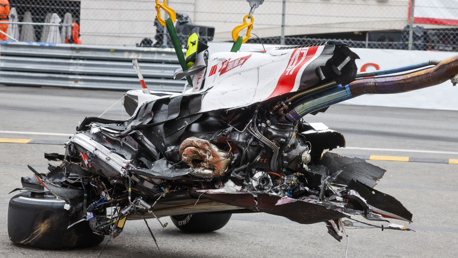 Mick Schumacher's wrecked Haas in pieces. Monaco May 2022