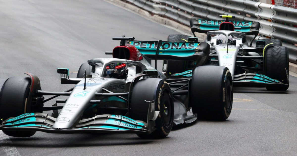 Mercedes pair George Russell on slick tyres leads Lewis Hamilton on wets. Monaco May 2022