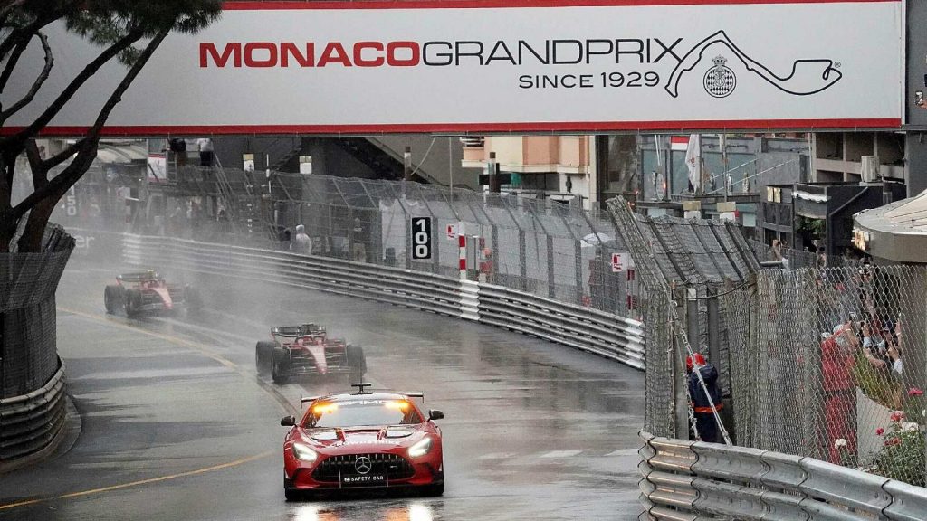 The safety car leading the pack. Monaco, May 2022.