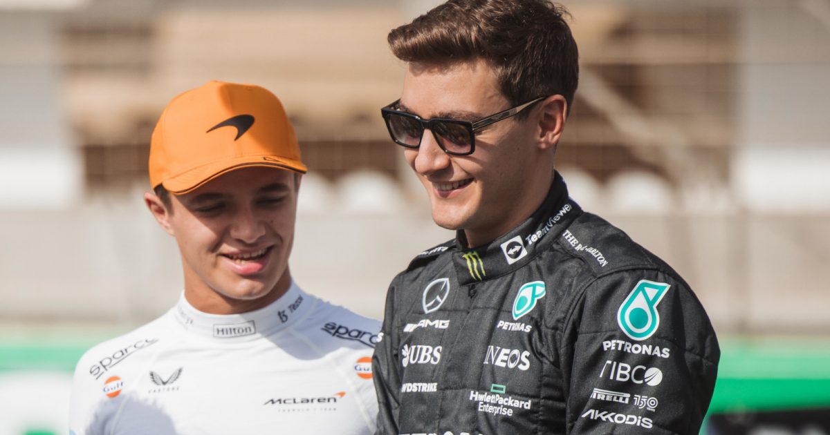 Lando Norris laughing with George Russell. Bahrain March 2022
