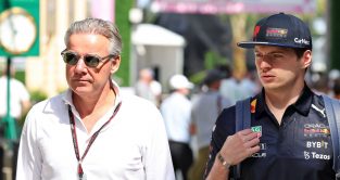 Max Verstappen walking with his manager Raymond Vermeulen. Miami May 2022