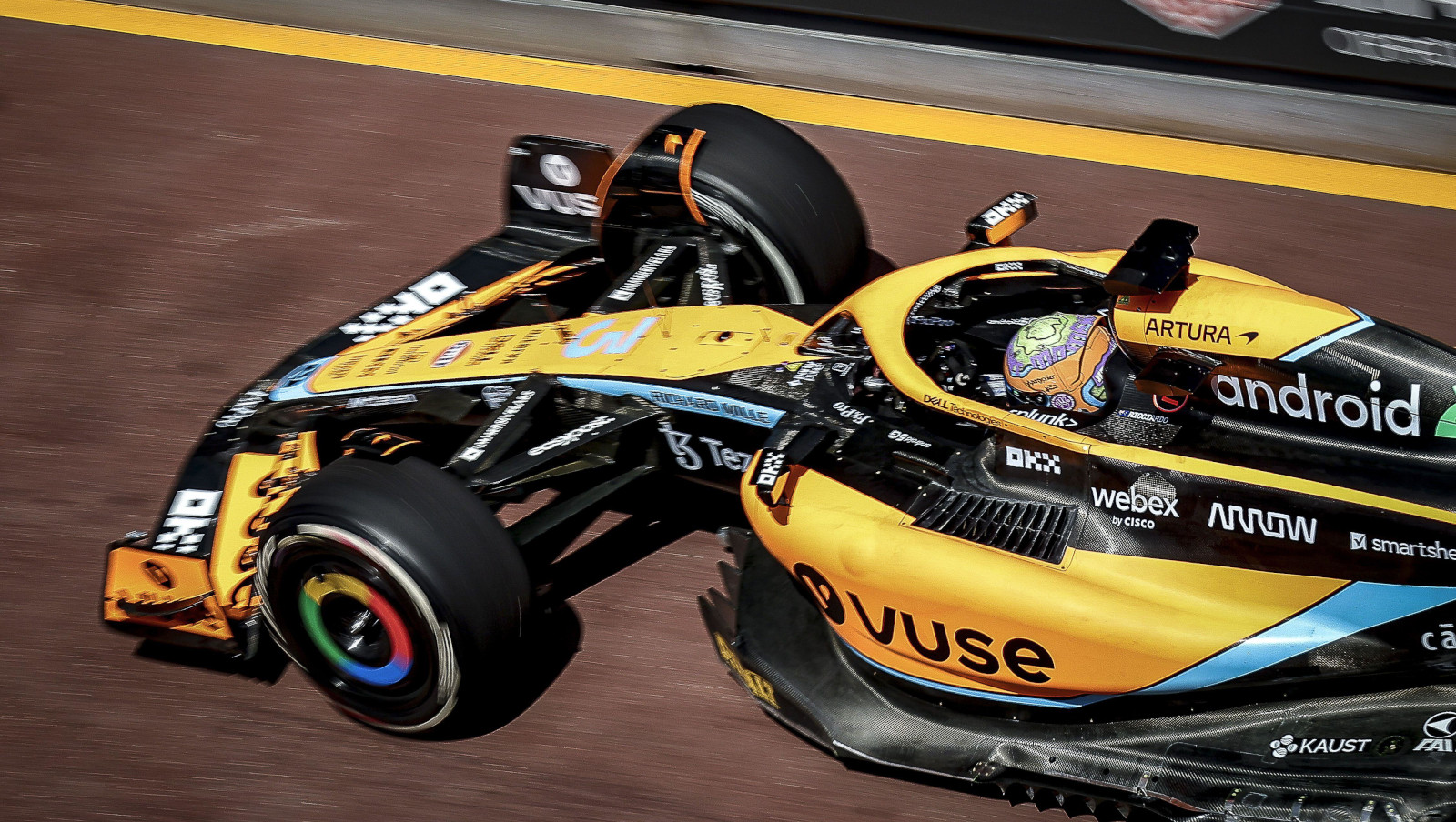Daniel Ricciardo from above driving down the Monte Carlo circuit pit lane. Monaco May 2022