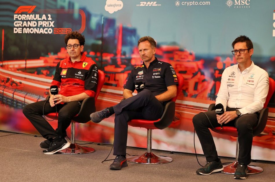 Ferrari's Mattia Binotto, Red Bull's Christian Horner and Mercedes' Andrew Shovlin speak to media at the 2022 Monaco Grand Prix. Monte Carlo, May 2022. Driver Salary.