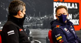 Christian Horner and Guenther Steiner during a press conference. Spa-Francorchamps August 2020.