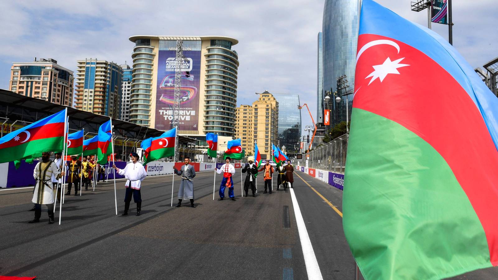 Azerbaijan flags on the grid. Azerbaijan, June 2021.