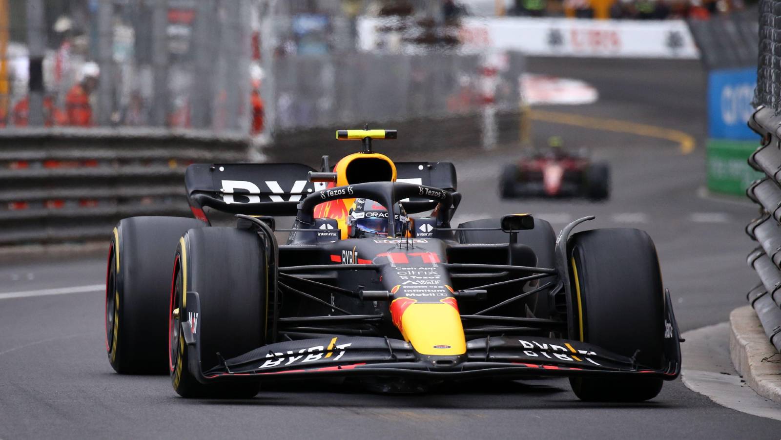 Sergio Perez's Red Bull well ahead of a Ferrari. Monaco May 2022.