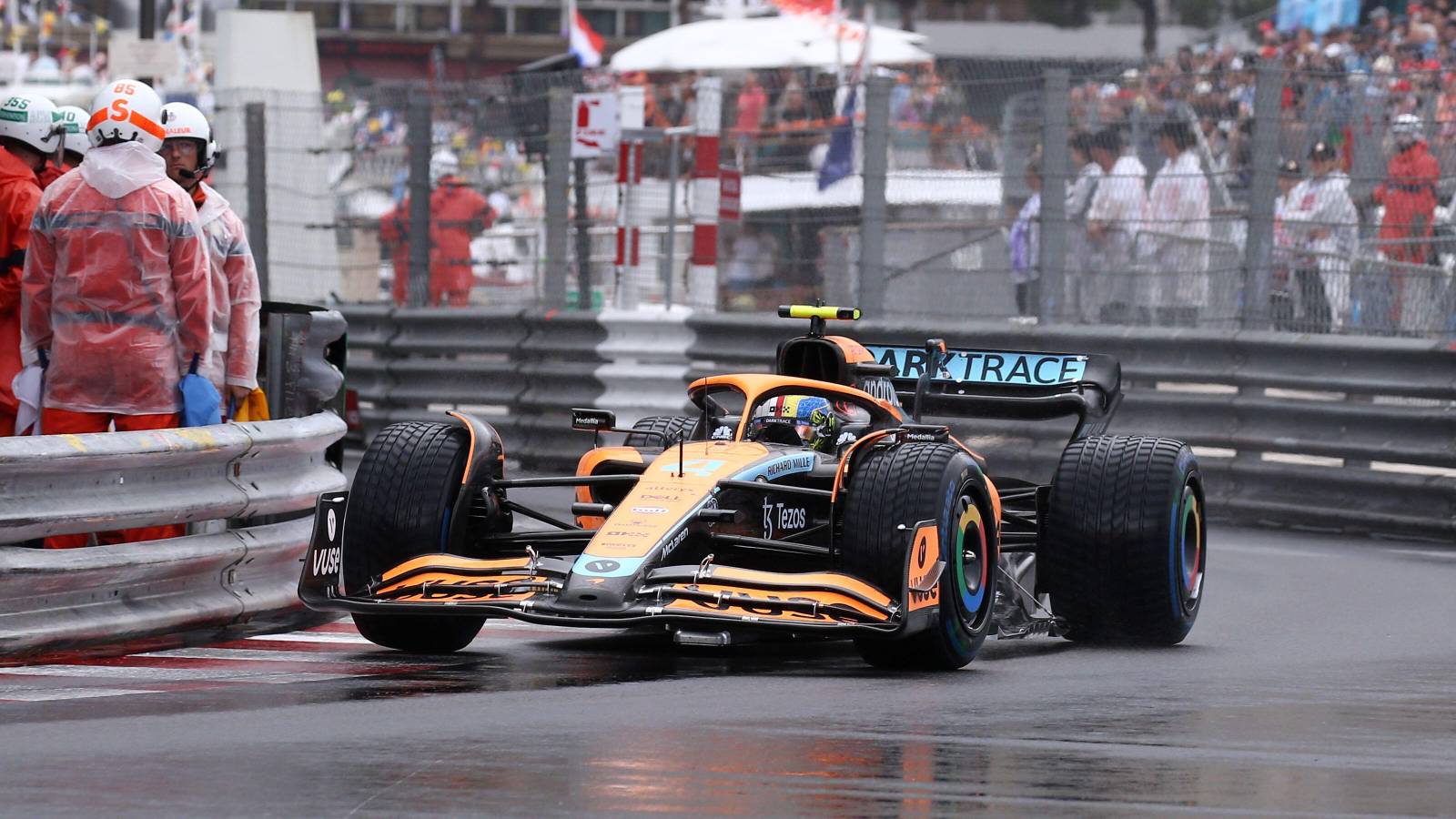 Lando Norris drives the McLaren MCL36 on wet tyres. Monaco, May 2022.
