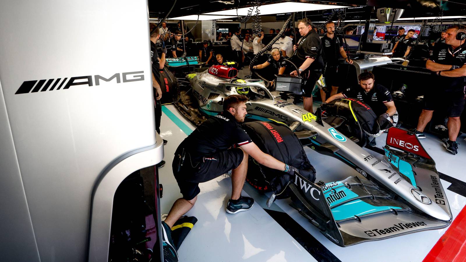 Mercedes prepare to send Lewis Hamilton out. Spain, May 2022.