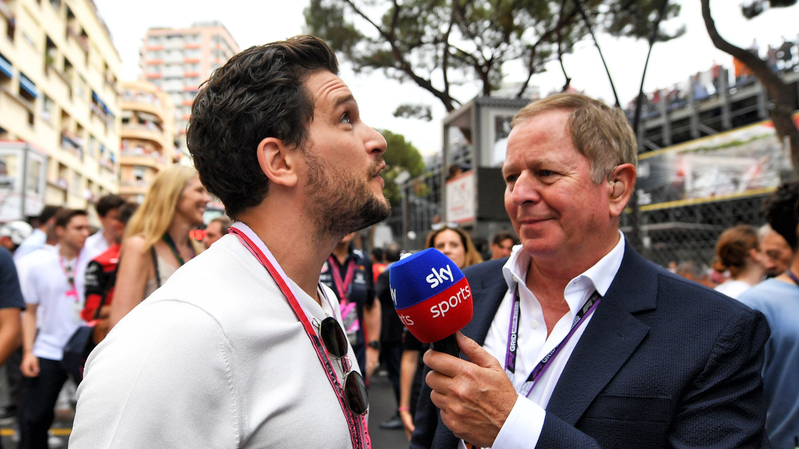 Martin Brundle interviews Kit Harrington during his grid walk. Monaco May 2022