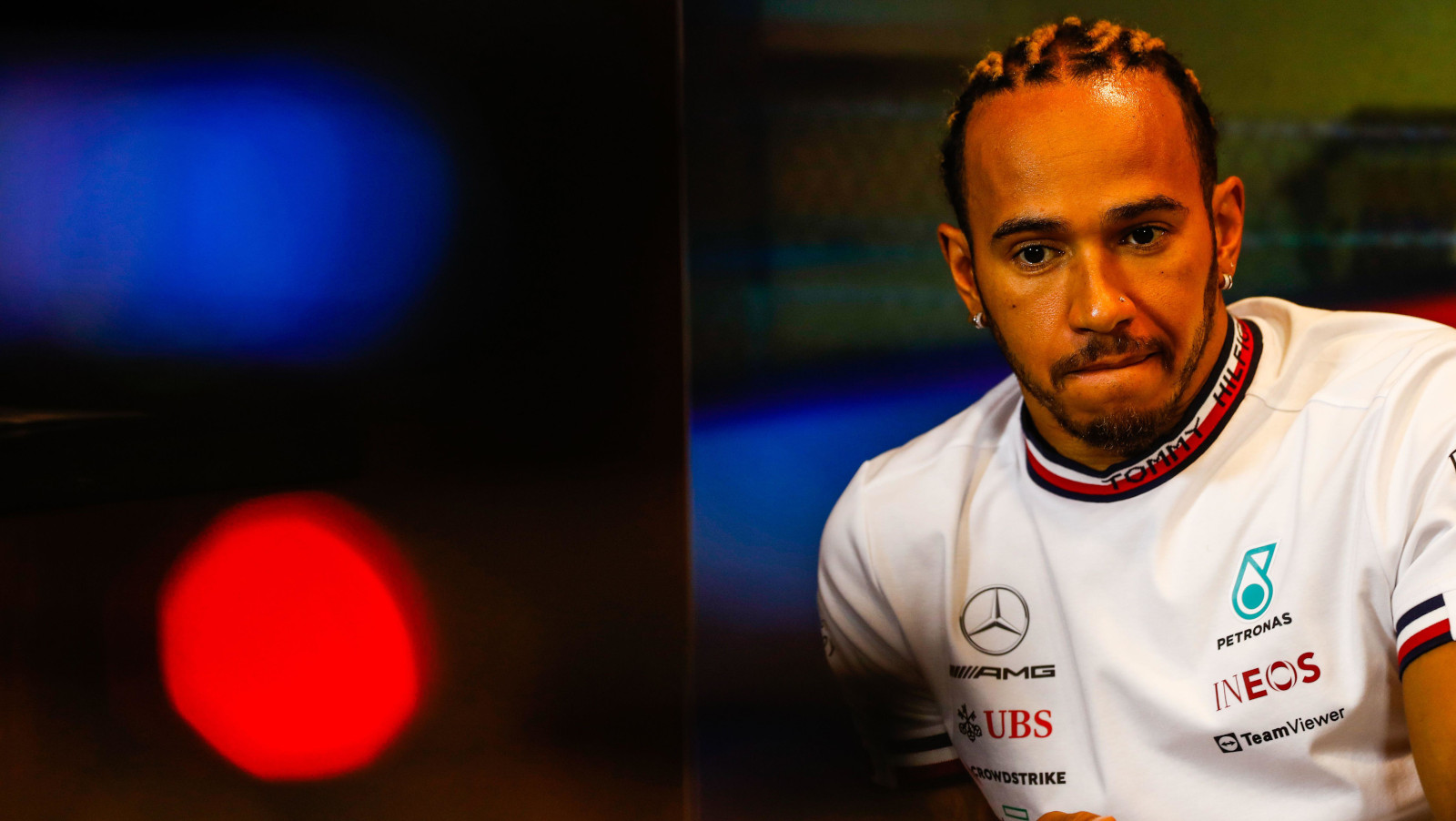 Lewis Hamilton not happy during a press conference. Baku June 2022